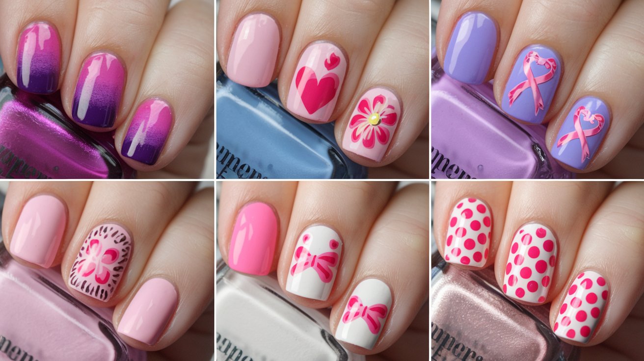 collection of six nail art designs, each applied to a fingernail. The nails are held against a bottle of nail polish