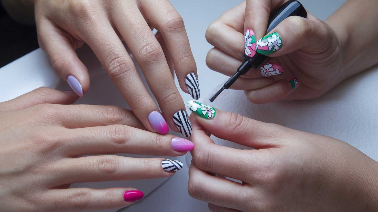 nail technician applying super fab nail polish designs on different skin tones